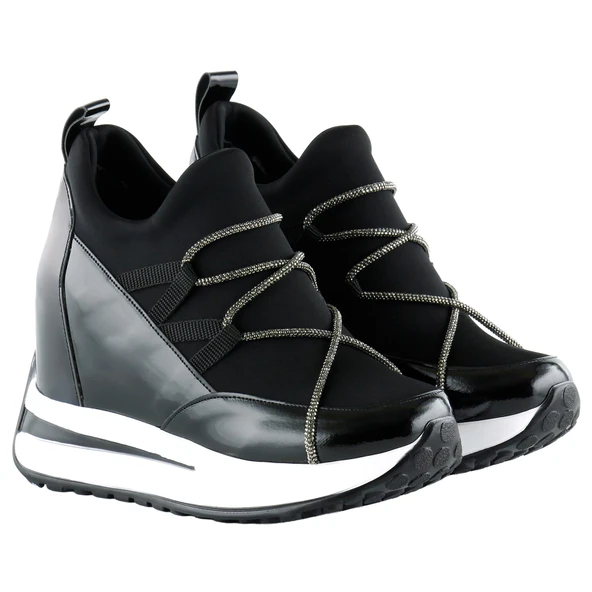 Erkan Saçmacı Mevira Plus Siyah Rugan Streç Gümüş Zincirli Gizli Dolgu Topuklu Günlük Ayakkabı - Resim 3