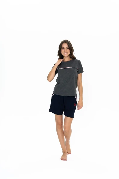 U.S. Polo Assn. Kadın Yuvarlak Yaka Alt Üst Çizgi Detay Pijama Şort Takım - Resim 5