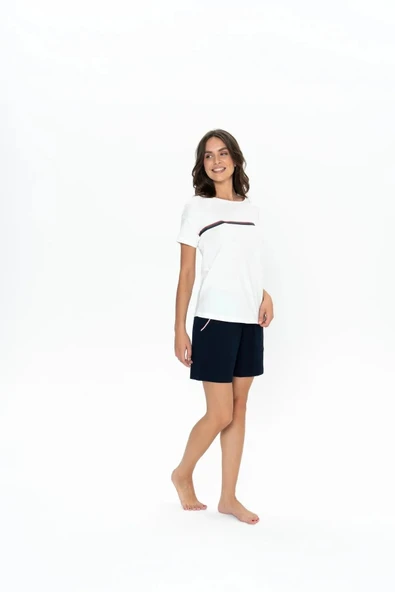 U.S. Polo Assn. Kadın Yuvarlak Yaka Alt Üst Çizgi Detay Pijama Şort Takım - 10
