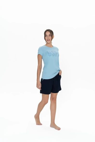 U.S. Polo Assn. Kadın Yuvarlak Yaka Renkli Pijama Şort Takım - 7