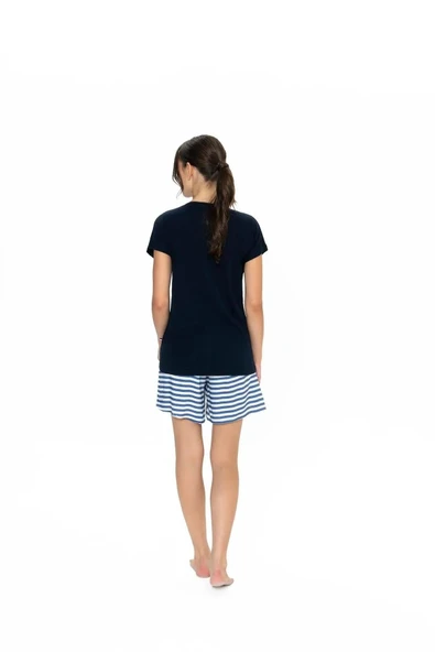 U.S. Polo Assn. Kadın Yuvarlak Yaka Alt Üst Bağcıklı Çizgili Pijama Şort Takım - 4