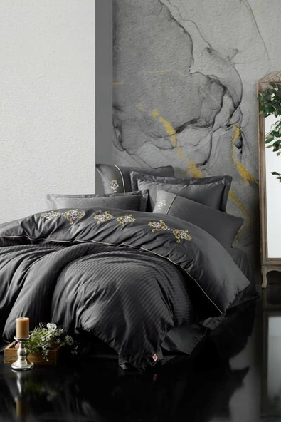 Cotton Box Brode Saten Nevresim Takımı King Antrasit Çift Kişilik ürün görseli
