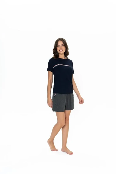 U.S. Polo Assn. Kadın Yuvarlak Yaka Alt Üst Çizgi Detay Pijama Şort Takım - 2