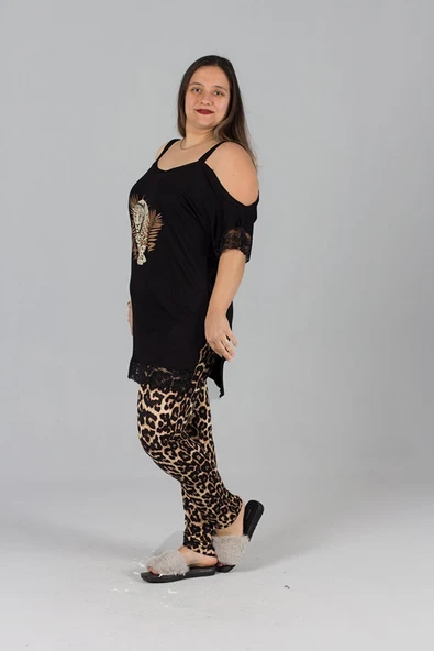 Büyük Beden Askılı Likralı Pijama Takım - 2
