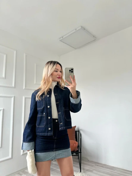 Kadın Denim Etek Ceket Takım Mavi