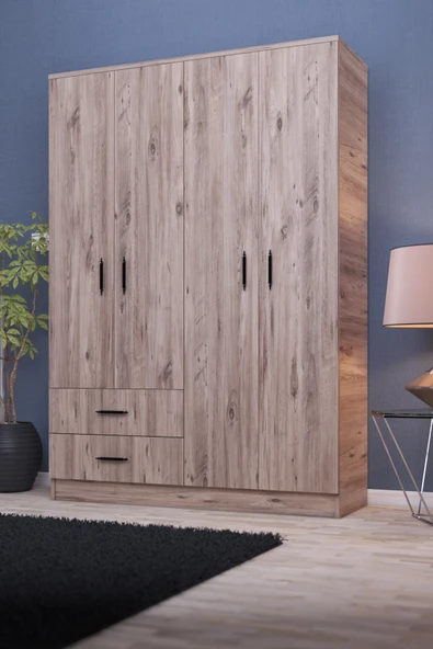 ABETE MOBİLYA-4  Kapılı 2 Çekmeceli (ELBİSE DOLABI-YÜKLÜK)/Atlantik Çam