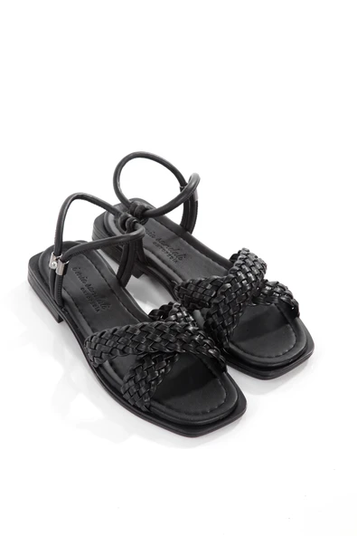 MİA026-1560 Kadın Siyah El Örgülü Abiye Günlük-Düğün-Eğlence-Tatil Sandaleti - Resim 3