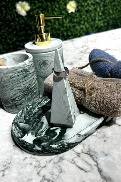 4 Parça Mermer Desenli Beton Banyo Seti Sıvı Sabunluk Diş Fırçalık Yüzüklük Sunum Tepsisi - 3