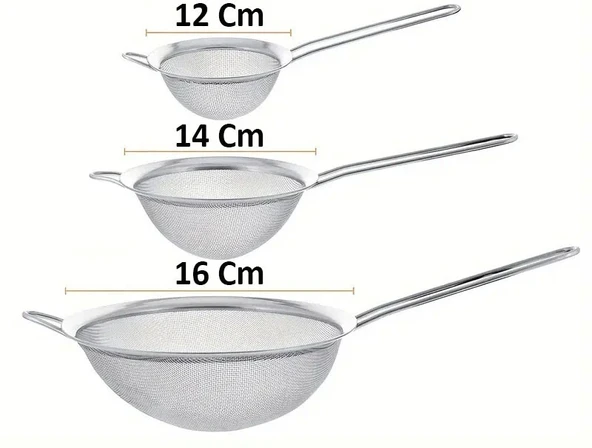MyBru Paslanmaz Çelik Pratik 3'lü Çay Süzgeci Sebze Un Süzgeç 12 14 16 Cm - 9