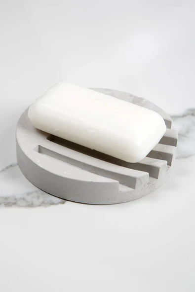 Mermer Desenli Yuvarlak Model Beton Katı Sabunluk Su Giderli 10 cm