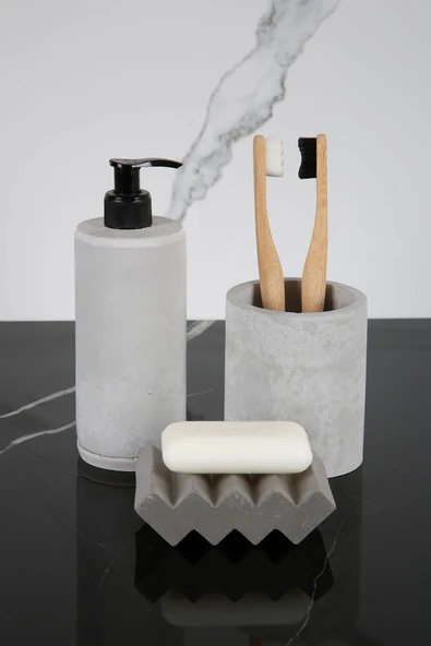 3 Parça Mermer Desenli Beton Banyo Seti Sıvı Sabunluk Diş Fırçalığı Katı Sabunluk ürün görseli 1