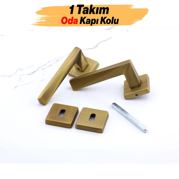 Vista Antik Sarı Oda Kapı Kolu Kare Rozetli Sürgülü ve Çelik Kapı Kulpu Uyumlu Sağ Sol Uygun Kolları - 5