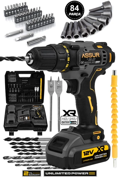 Assur 12V Çift Akülü 84 Parça Şarjlı Matkap Akülü Vidalama