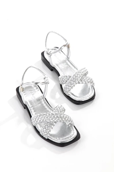 MİA026-1560 Kadın Gümüş-Siyah El Örgülü Abiye Günlük-Düğün-Eğlence-Tatil Sandaleti - Resim 3