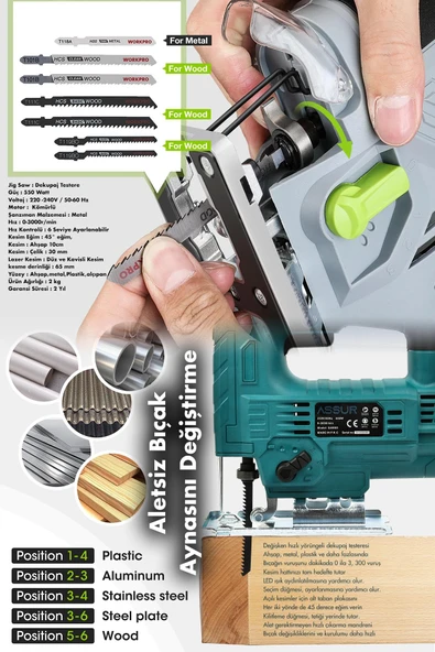 Assur Profesyonel 550W Devir Ayarlı Dekupaj Testere Makinesi - 3