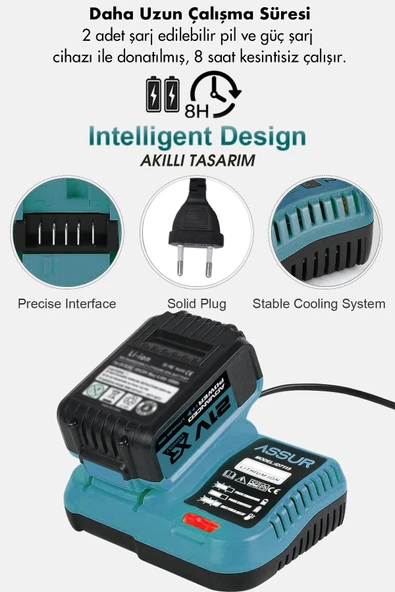Assur 21V Çift Akü 800 Nm Somun Sıkma Sökme 125 Mm Taşlama Hava Pompası 3'lü Set - 3