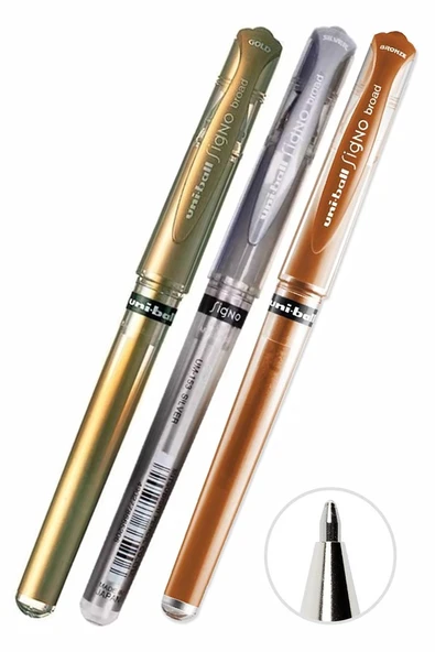 Altın Sarı Gümüş Gri ve Bakır Yaldız İmza Kalemi 3 Adet Uniball Signo 1.0 mm Roller Pilot Kalem Um-153 Davetiye Kalemi