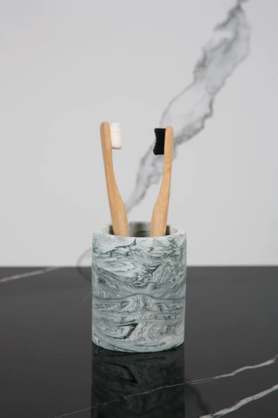 3 Parça Mermer Desenli Beton Banyo Seti Sıvı Sabunluk Diş Fırçalık Sunum Tepsisi - Resim 2