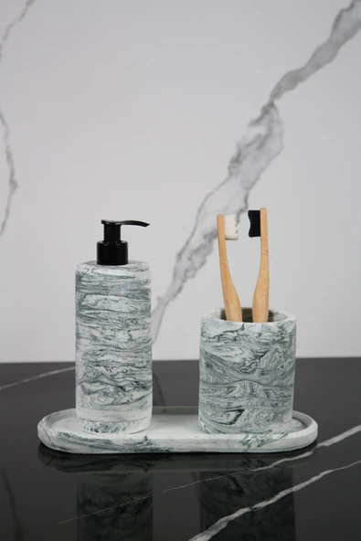 3 Parça Mermer Desenli Beton Banyo Seti Sıvı Sabunluk Diş Fırçalık Sunum Tepsisi ürün görseli 1