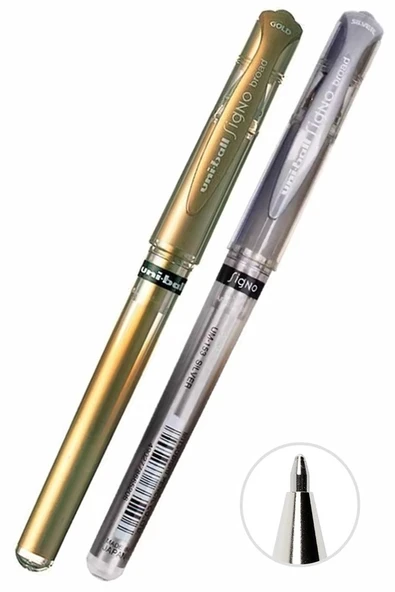 Altın Sarı ve Gümüş Gri İmza Kalemi 2 Adet Uniball Signo Broad 1.0 mm Roller Pilot Kalem Um-153 Yaldızlı Davetiye Kalemi