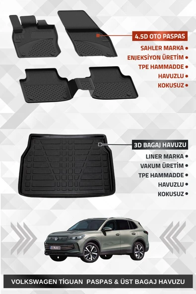 Sahler Volkswagen Tiguan 2024+ Uyumlu 4.5d Premium Havuzlu Paspas ve Liner Marka 3D ÜST Bagaj Havuzu