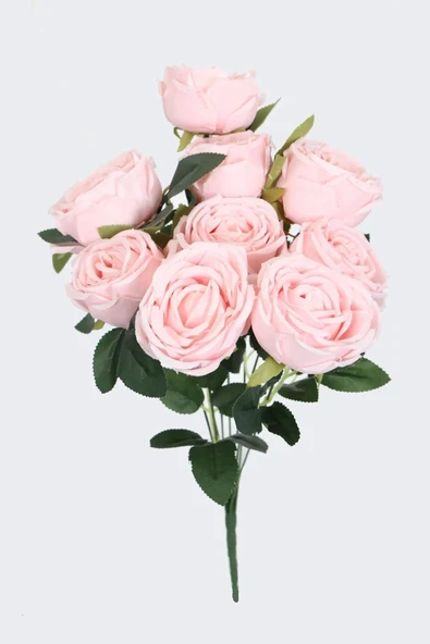 Yapay Çiçek 9lu Kat Kat Gül Demeti 42 Cm Pudra Pembe lodos gülü - Resim 2