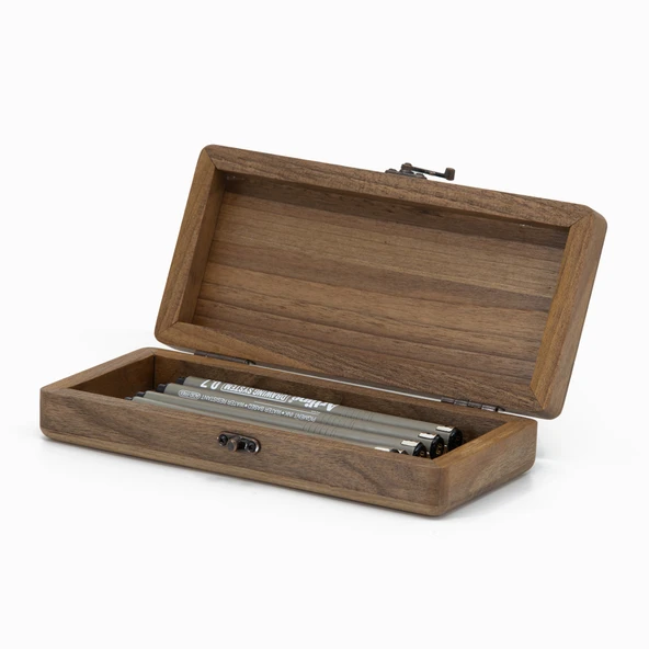 Woodsaka Kapaklı  Ahşap Kalem Kutusu - Alçak - Ceviz - 4