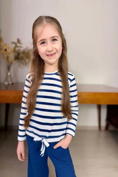 Yeni Sezon Çizgili Boru Paça Kız Çocuk Mavi Renk Takım - 3