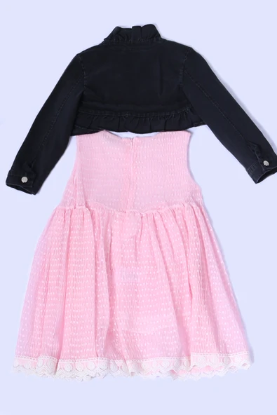 KIZ ÇOCUK KOT CEKETLİ ELBİSE FIRFIRLI DANTELLİ TAŞ İŞLEMELİ F19 - Resim 6