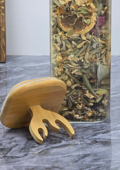Boynuz Desenli Cam Kavanoz - Bambu Kapaklı Borosilikat Cam Kavanoz - 33 CM - Kare - 2