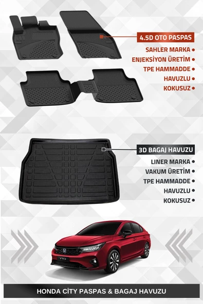 Sahler Honda City 2019+ Uyumlu 4.5D Premium Havuzlu Paspas ve Liner Marka 3D Bagaj Havuzu ürün görseli 1