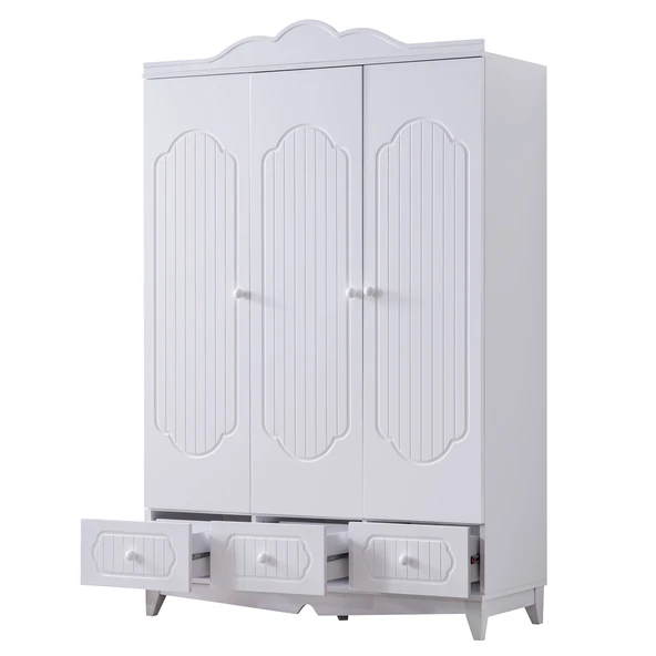 Gardırop, Flower 3 Kapaklı Çekmeceli Dolap - Beyaz - 3