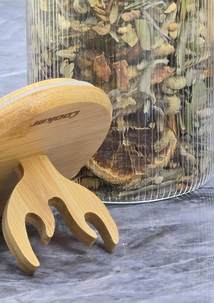 Boynuz Desenli Cam Kavanoz - Bambu Kapaklı Borosilikat Cam Kavanoz - 33 CM - Yuvarlak - 3