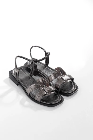 MİA028-3014 Hakiki Deri Kadın Günlük Ortopedik PLATİN Tatil Sandalet - Resim 3