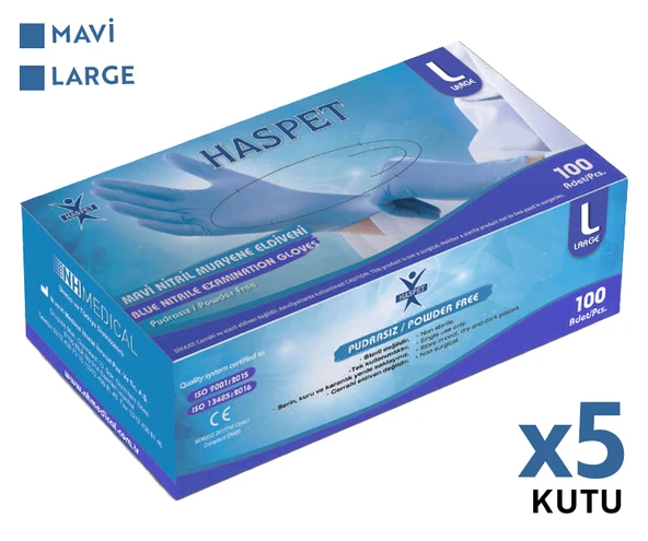 Haspet Nitril Muayene Eldiveni 100'lü L Büyük Boy Mavi 5 Kutu - 2