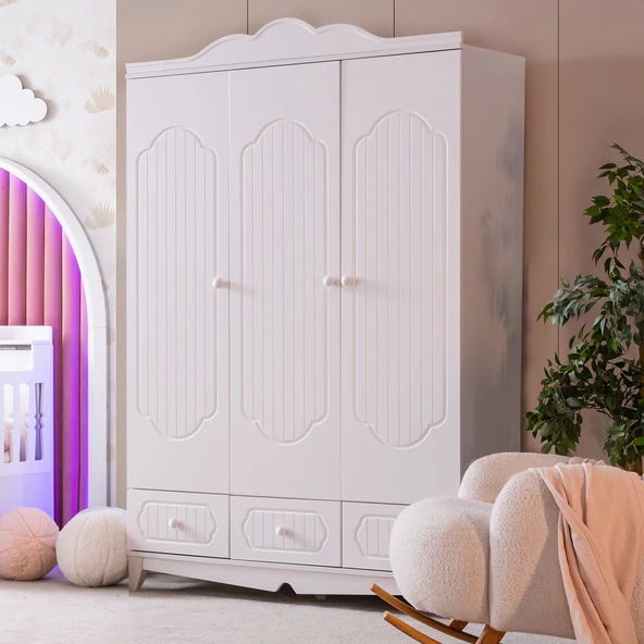 Gardırop, Flower 3 Kapaklı Çekmeceli Dolap - Beyaz