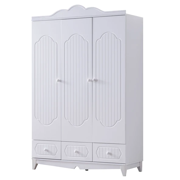 Gardırop, Flower 3 Kapaklı Çekmeceli Dolap - Beyaz - 2