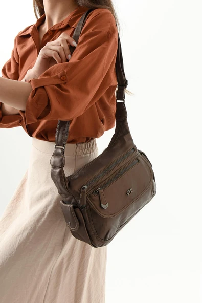 Suni Deri Omuz Çantası Bronz (Model: 571-13-10L)