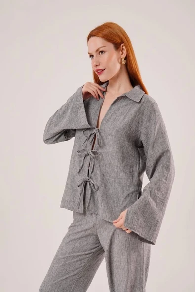 Ön Bağlama Detaylı Pantolon Ve Gömlek Antrasit İkili Takım - 2