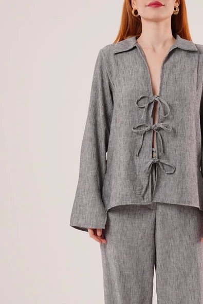 Ön Bağlama Detaylı Pantolon Ve Gömlek Antrasit İkili Takım - 3