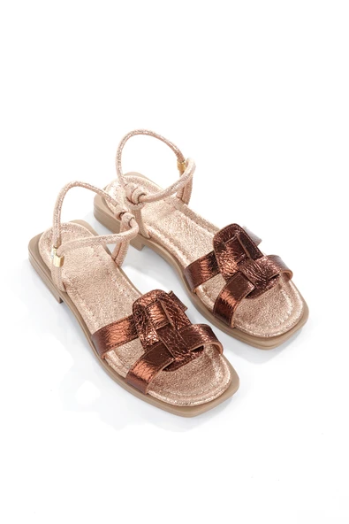 MİA028-3014 Hakiki Deri Kadın Günlük Ortopedik BRONZ Tatil Sandalet - Resim 3