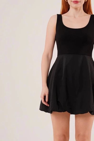 Kalın Askılı Balon Etek Siyah Mini Elbise - 4