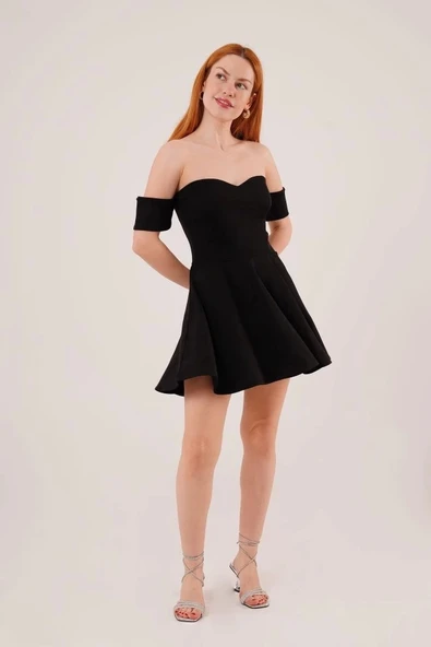 Kol Detaylı Straplez Siyah Mini Elbise - 3