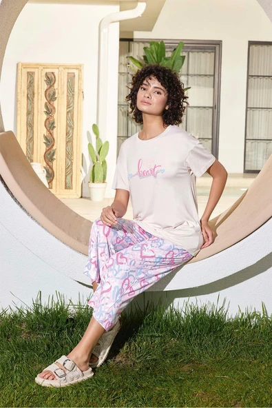 Aydoğan Kadın Azer heart Viskon Penye Ekru Kapri Takım 0291 - 2