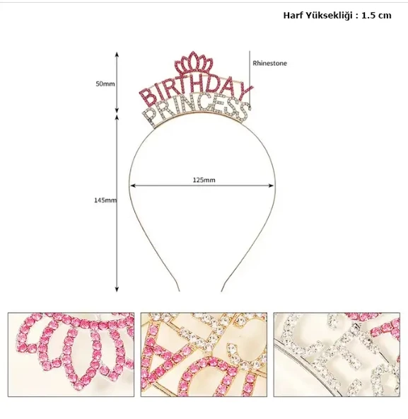 Kristal Taşlı Pembe Birthday Princess Yazılı Parti Tacı 19x11 Cm - Resim 2
