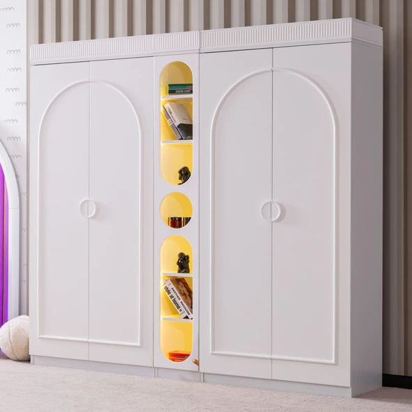 Gardırop, Dolunay 4 Kapaklı Dolap ve Ledli Kitaplık - Beyaz