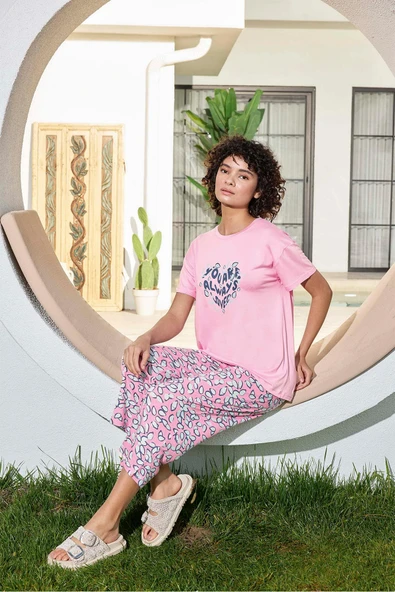 Aydoğan Kadın Azer YOU ARE ALWAYS Viskon Penye Pembe Kapri Takım 0292 - 2