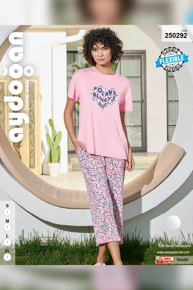 Aydoğan Kadın Azer YOU ARE ALWAYS Viskon Penye Pembe Kapri Takım 0292 - 3