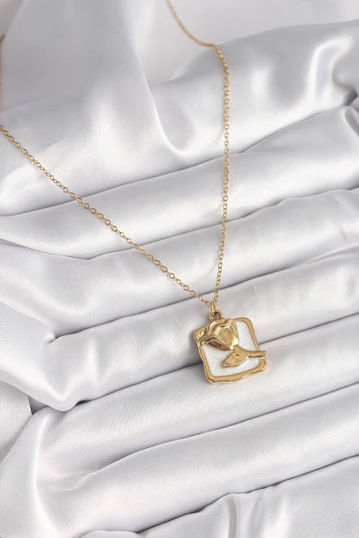 316L Çelik Gold Renk Zincir Beyaz Mineli Gül Portre Model Kadın Kolye - TJ-BKO9880 - 2