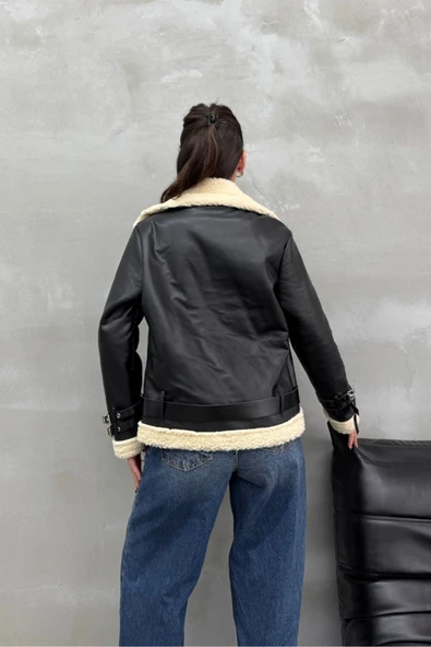 Kadın İçi Beyaz Kürklü Siyah Kısa Biker Deri Ceket Mont - Resim 12